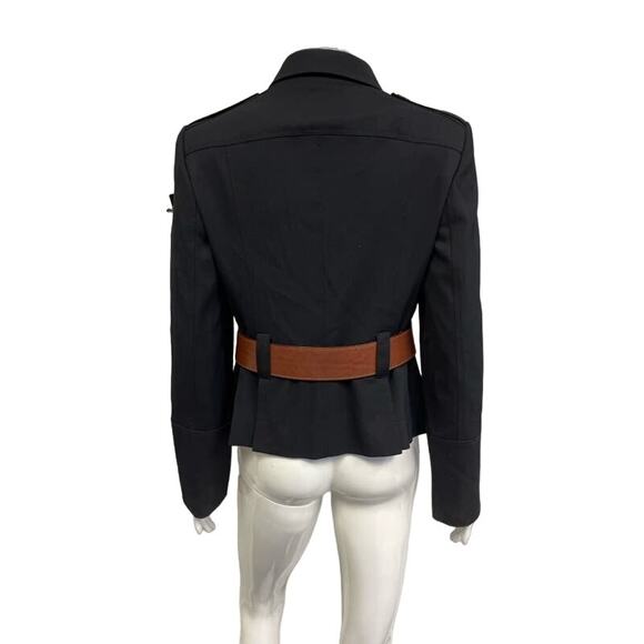 BURBERRY LONDON Blue Navy Collared Brown Leather Belted Jacket Blazer US 8 - Picture 2 of 5